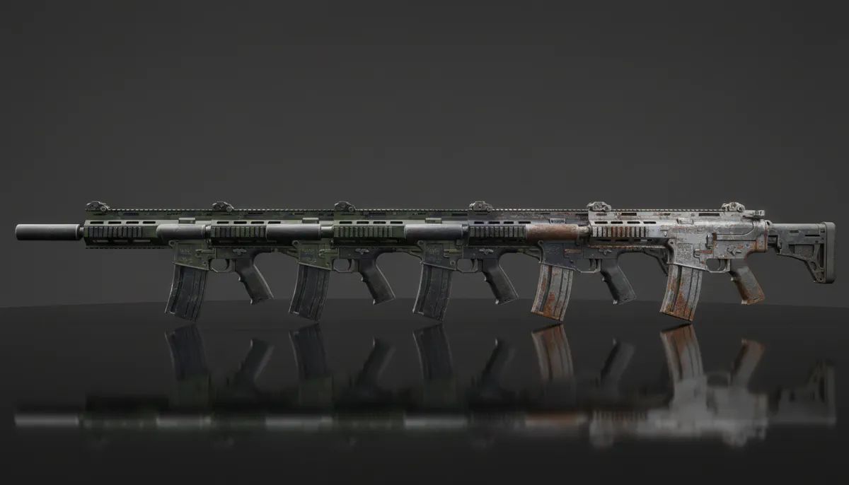 A visual progression of the same CS2 weapon finish from clean Factory New condition to heavily worn Battle-Scarred condition