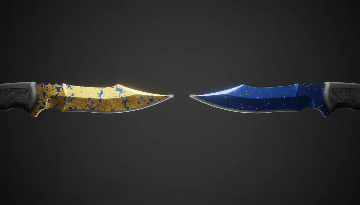 Karambit Case Hardened blade comparison showing a mostly gold pattern beside a high-blue playside blue gem pattern
