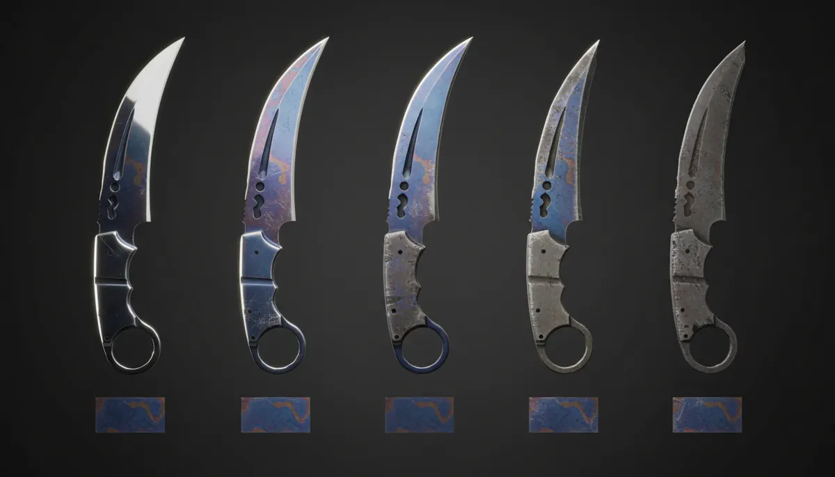 CS2 knife wear progression showing Factory New through Battle-Scarred Karambit blade finishes beside a separate paint seed pattern layout