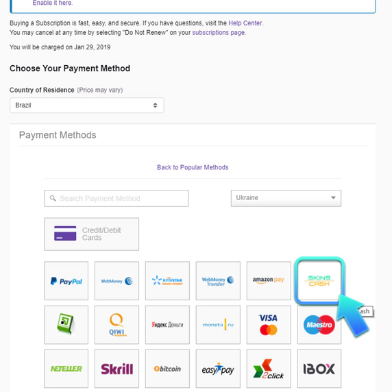 choose twitch skins.cash payment method